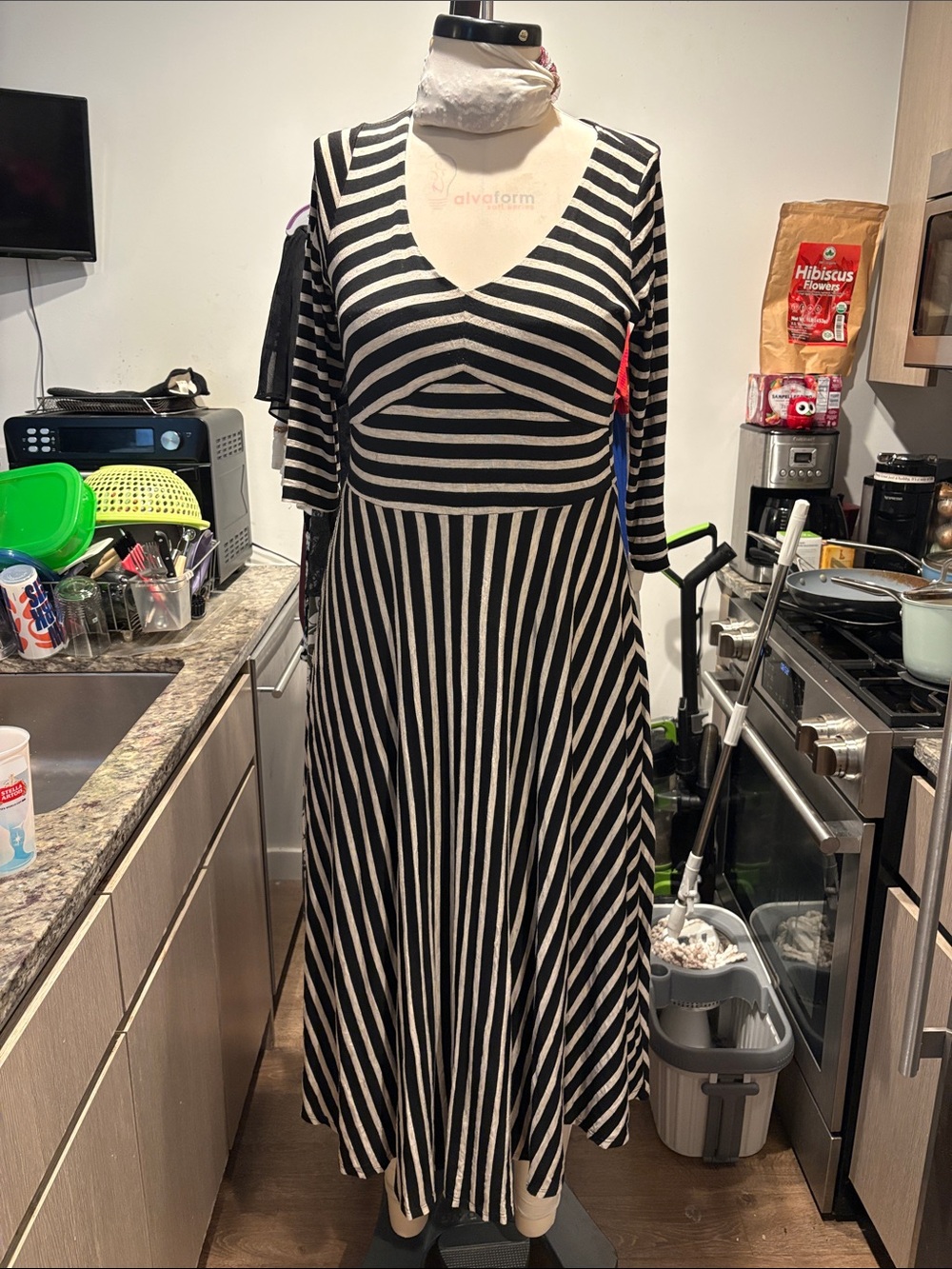 Anthropologie Black and White Striped V-Neck Maxi Dress
